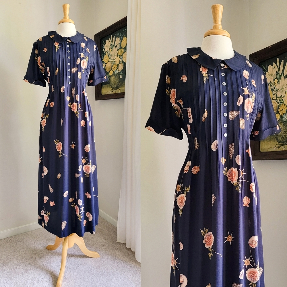 90s Seashell Rose Tie Waist Button Front Short Sleeve 1990s Vintage Midi Dress